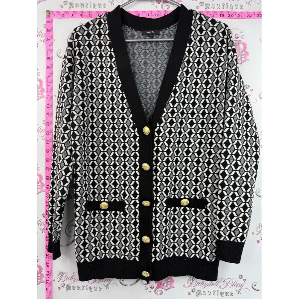 RW&CO. Sweater cardigan Black and White Geometric Knit Blazer with Gold Buttons